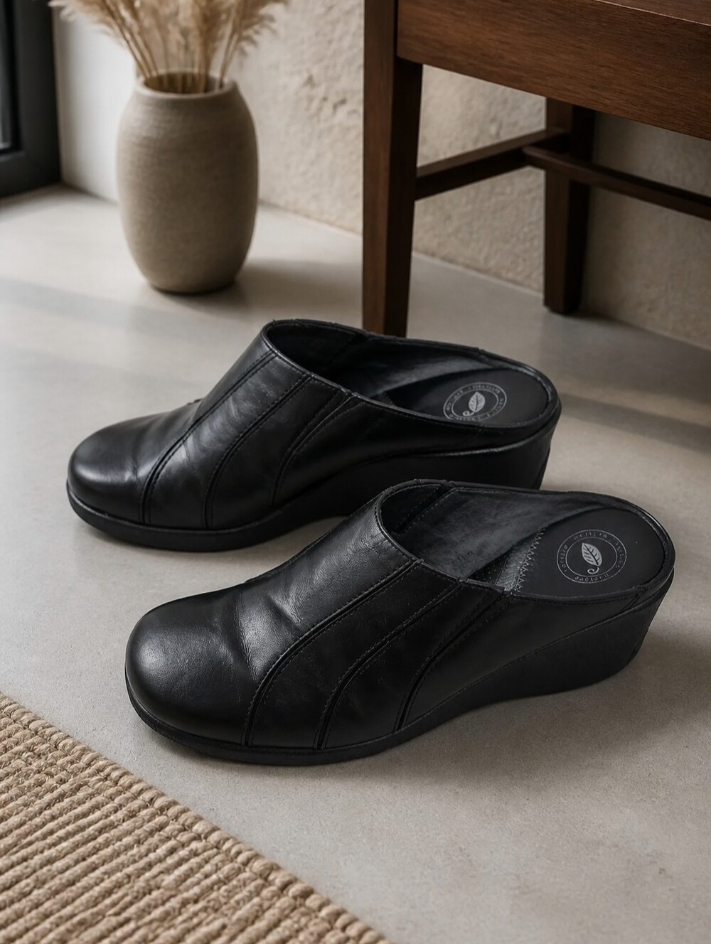 Nurture 3" Heel Vintage Slip on Wedge Style Black Clogs 7.5M